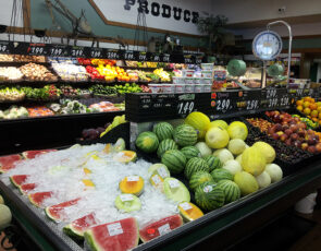 Anderson's Grocery produce section with watermelons in the foreground.