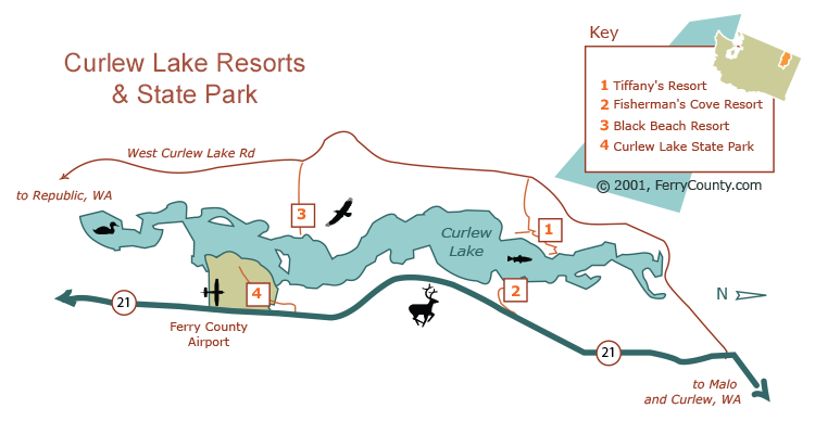 Resorts and campgrounds at Curlew Lake, Washington. Map is illustration and is not to scale.