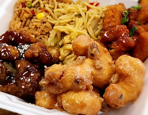  Three entrees of honey-walnut shrimp, General Tso’s pork, and orange chicken, served with sides of vegetable fried rice and vegetable chow mein.s and mustard